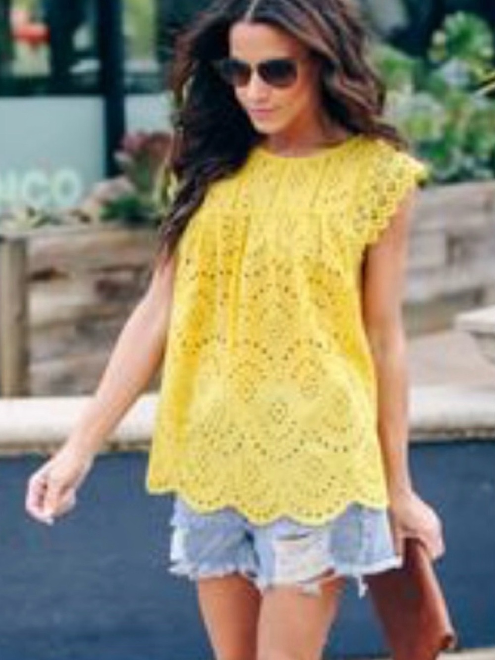 VICI  Yellow Eyelet Lace Cap-Sleeve Top - Women